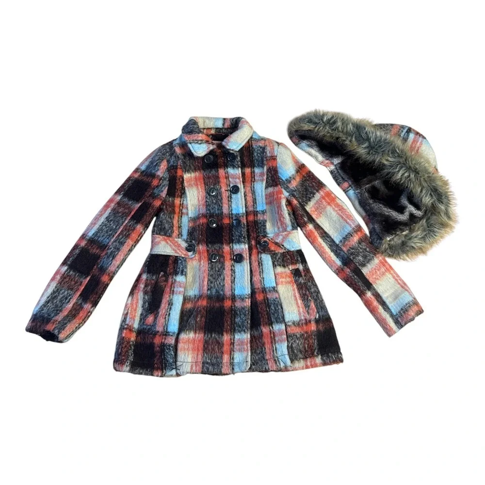 Urban Republic Coat Girls 14 Multicolor Plaid Pleated Faux Fur Hood Pockets